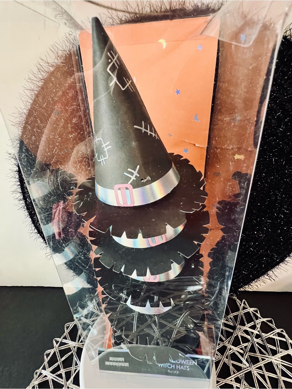 6 Kids Black Witch Party Hats with Holographic Trim Spooky Fun